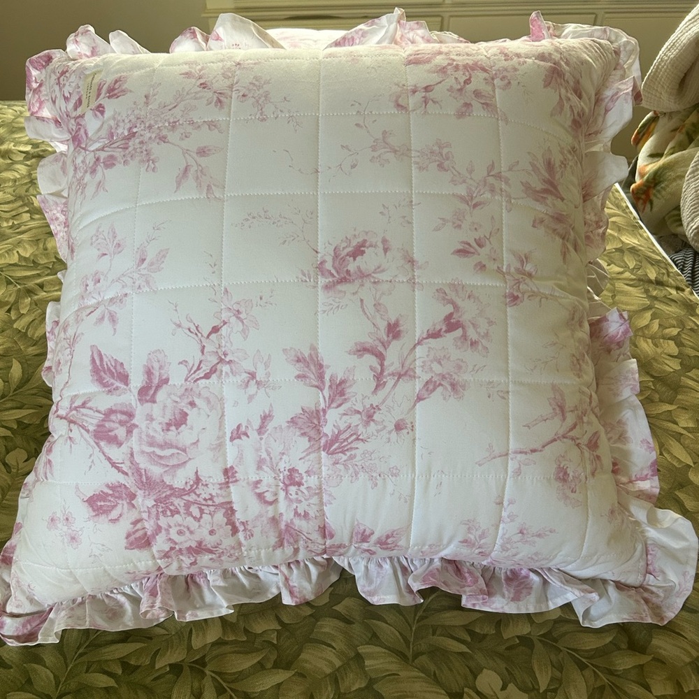 CABBAGES & ROSES Pink Toile Alderney 24” x 24” Euro Shams. Set Of 2. Shams Only